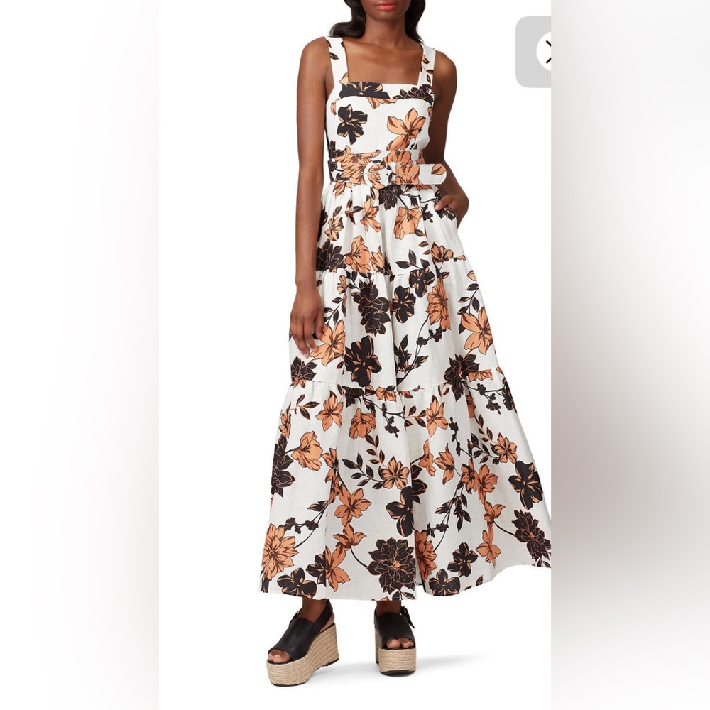 Nicholas Linen Floral Tiered Maxi Dress Size 0 Sepia Brown White Pockets - Picture 6 of 16